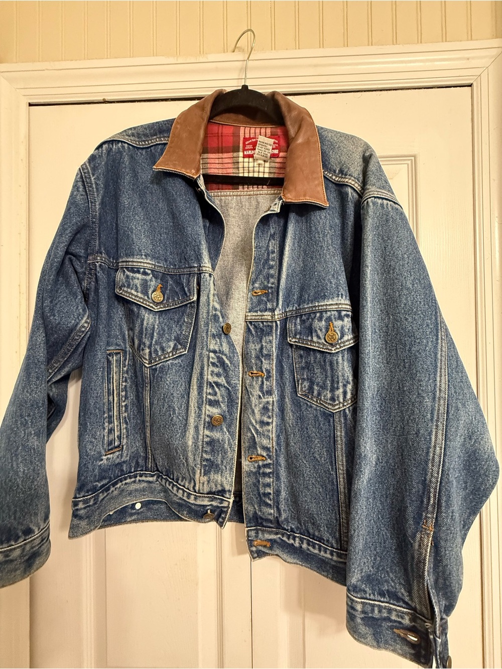 Classic Blue Denim Jacket with Brown Collar - Men's Style Jean Jacket